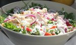 Grilled Chicken with Chickpeas Roasted Red Peppers White Wine Vinaigrette in white bowl