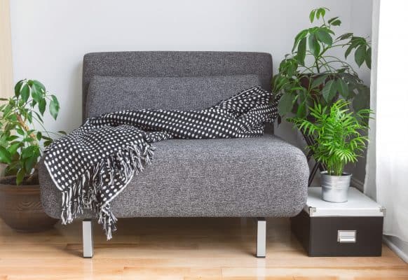 gray chair with a blanket on it surrounded by indoor plants