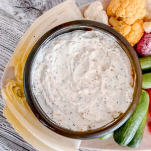 Overhead view of everything but the bagel dip on a veggie tray