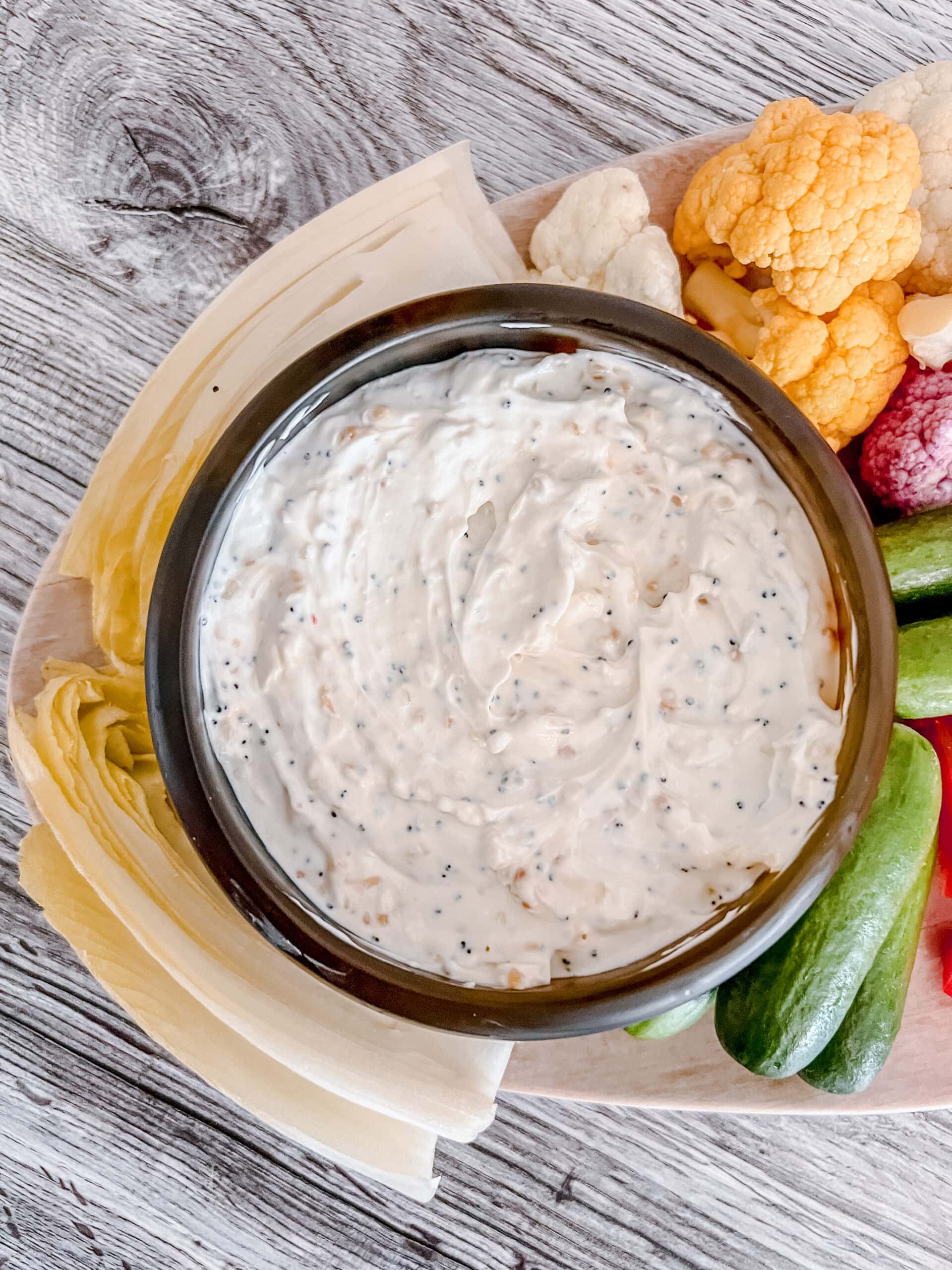 Overhead view of everything but the bagel dip on a veggie tray