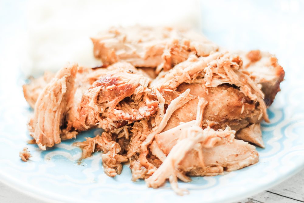 pulled pork and mashed potatoes on a blue plate