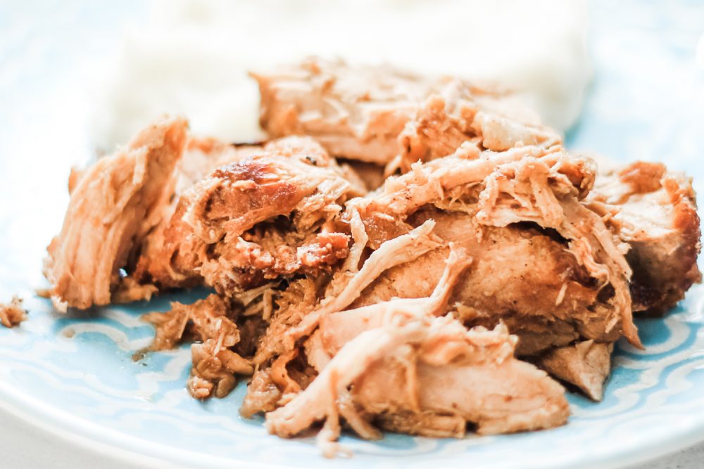 Close-up of shredded pork on a blue plate