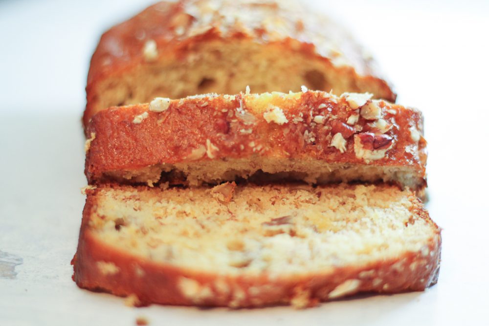 loaf of pecan banana bread sliced
