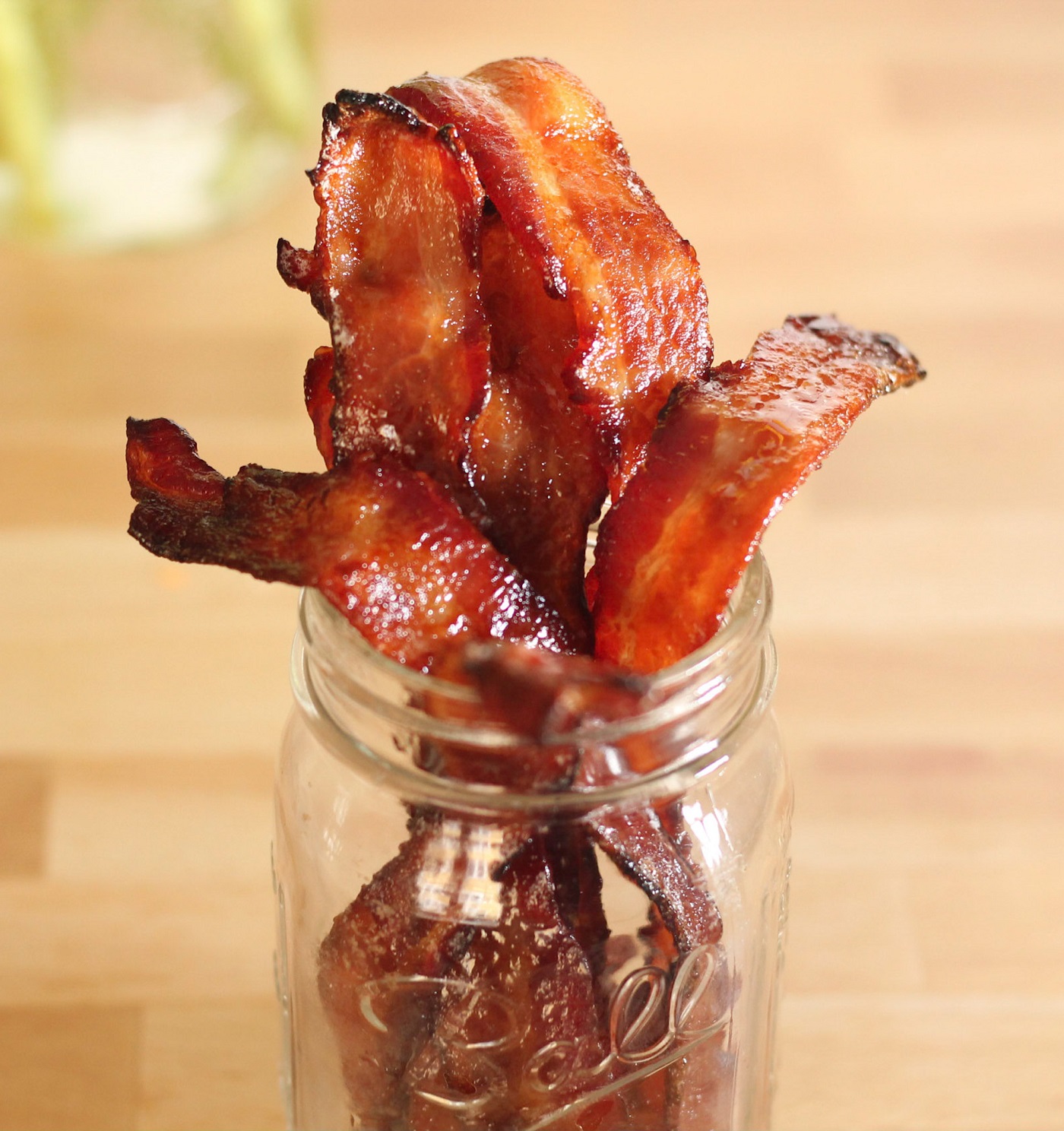 Copycat Bob Evans Candied Bacon in a mason jar