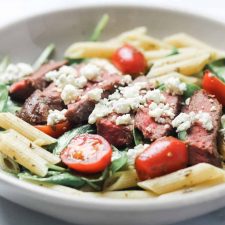 Steak Pasta with blue cheese in a bowl