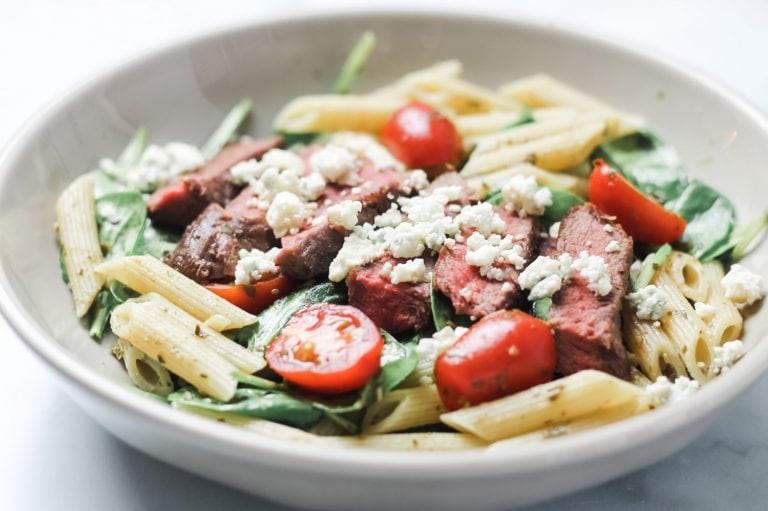 Steak Pasta with blue cheese in a bowl