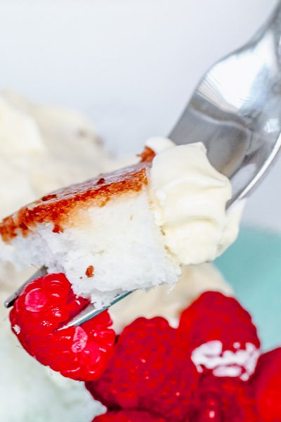 close up of a fork filled with bavarian cream, angel food cake, and a raspberry