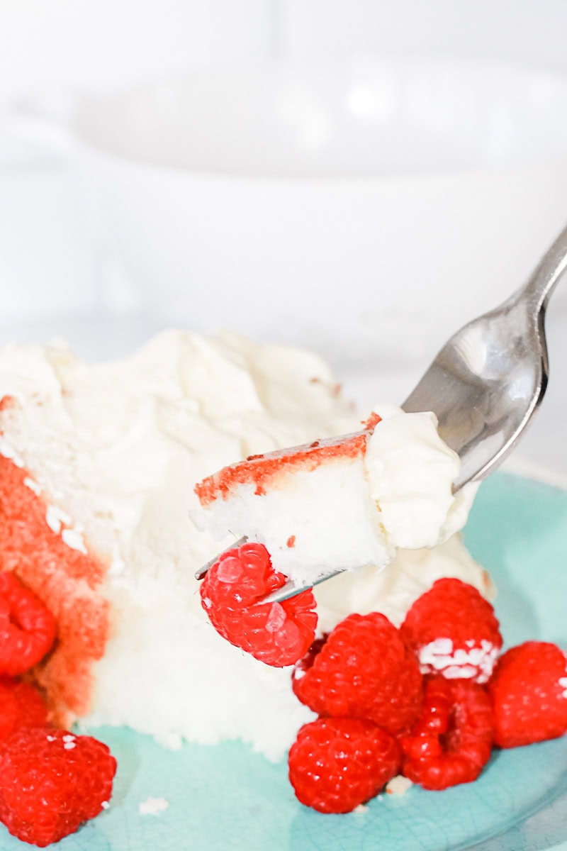 a fork lifted in the air with angel food cake and raspberries