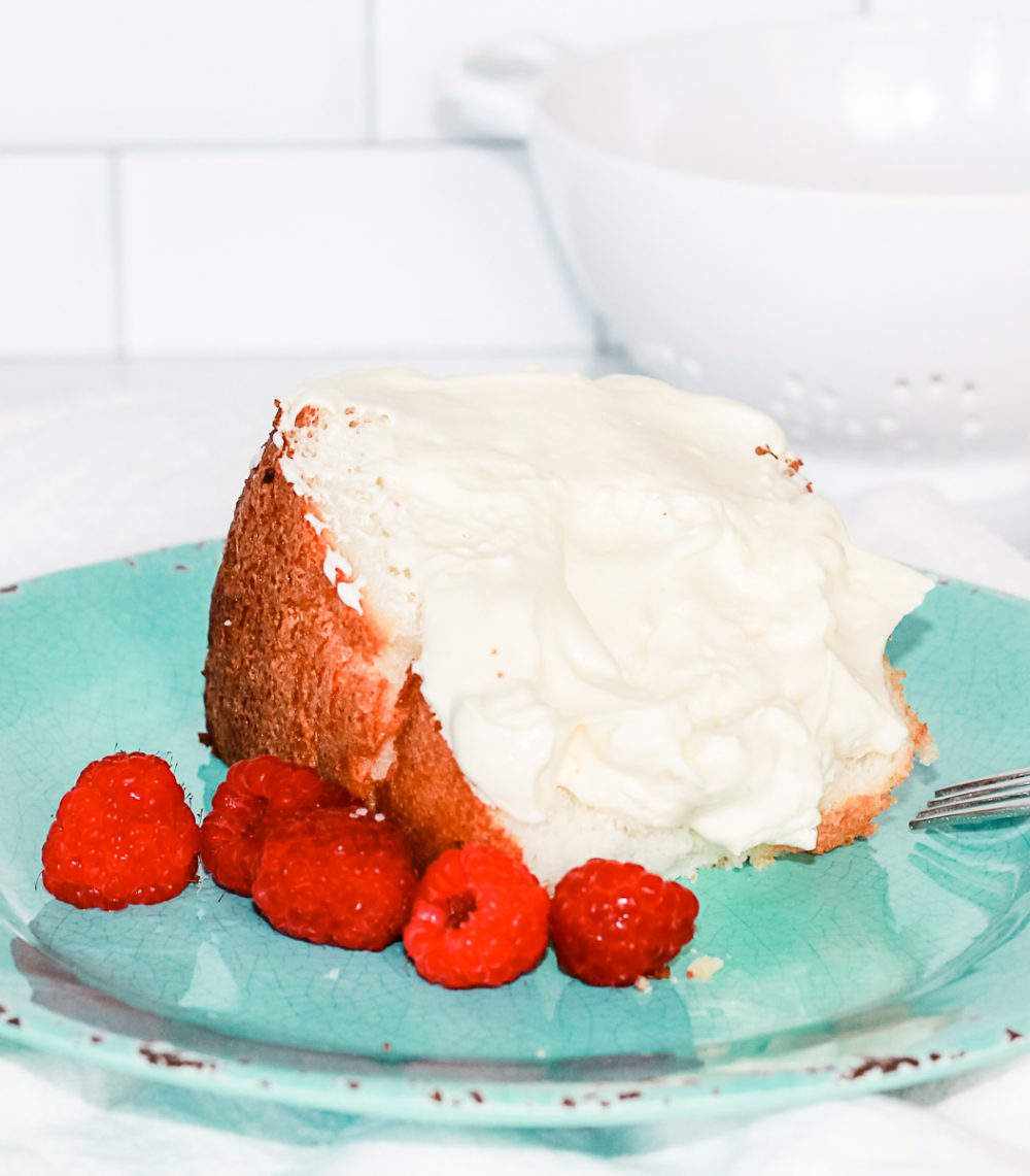 angel food cake with Bavarian cream and raspberries