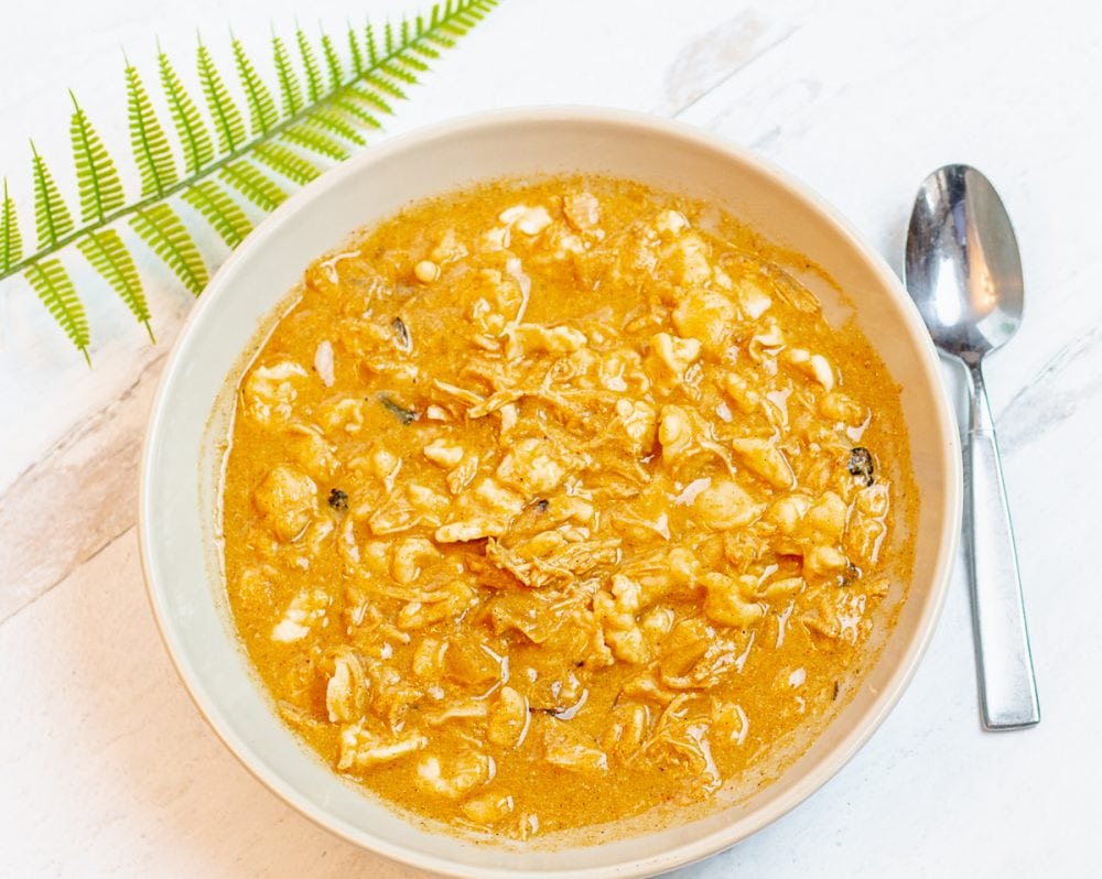 overhead view of a palm leaf, spoon, and bowl of chicken paprikash soup