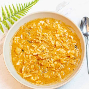 overhead view of a palm leaf, spoon, and bowl of chicken paprikash soup