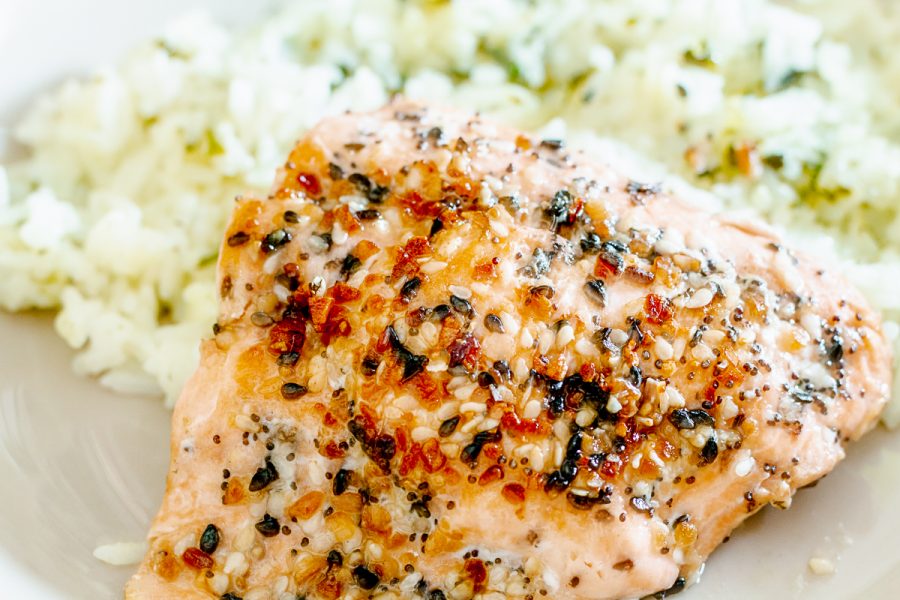 Up Close Photo of baked salmon with sesame seeds