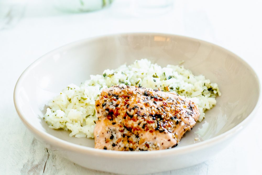 gray bowl with salmon and rice