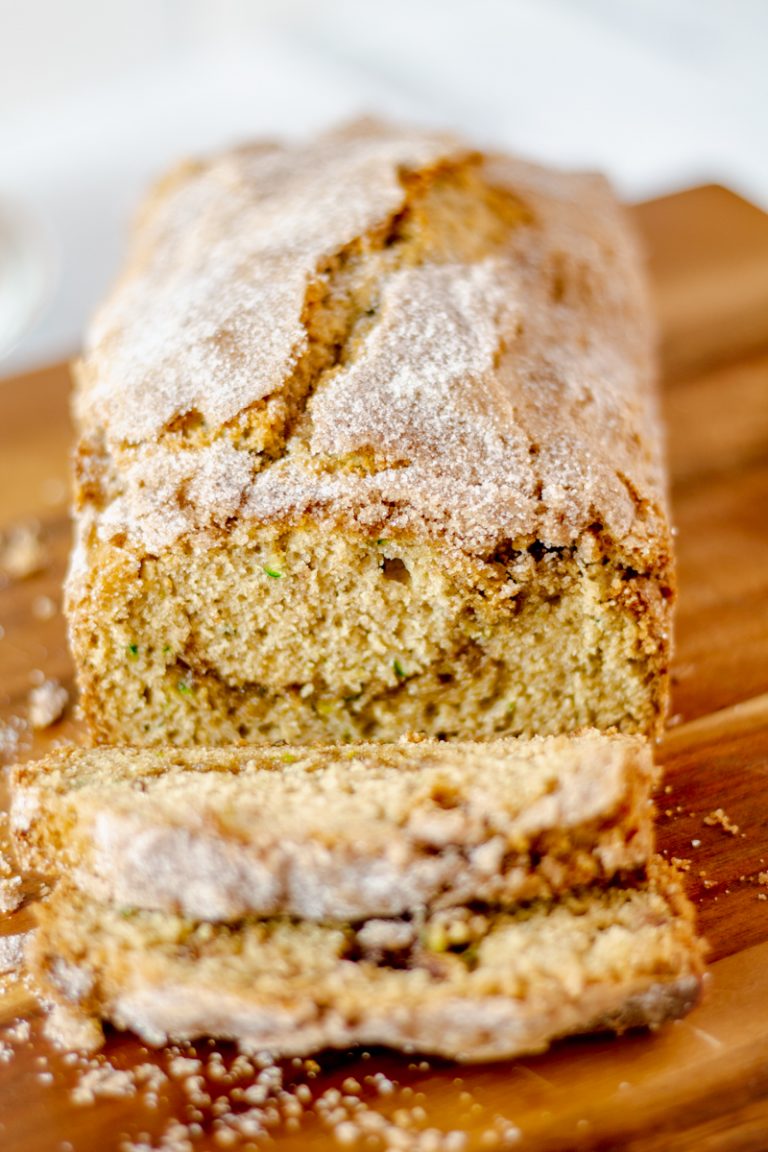 sliced snickerdoodle zucchini bread on a cutting board