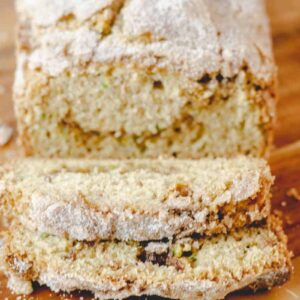 sliced snickerdoodle zucchini bread on a cutting board