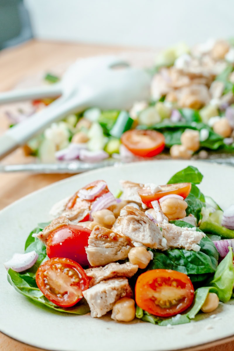 plate of chicken chickpea salad