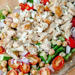 close up of chicken and chickpea salad with white wine vinaigrette