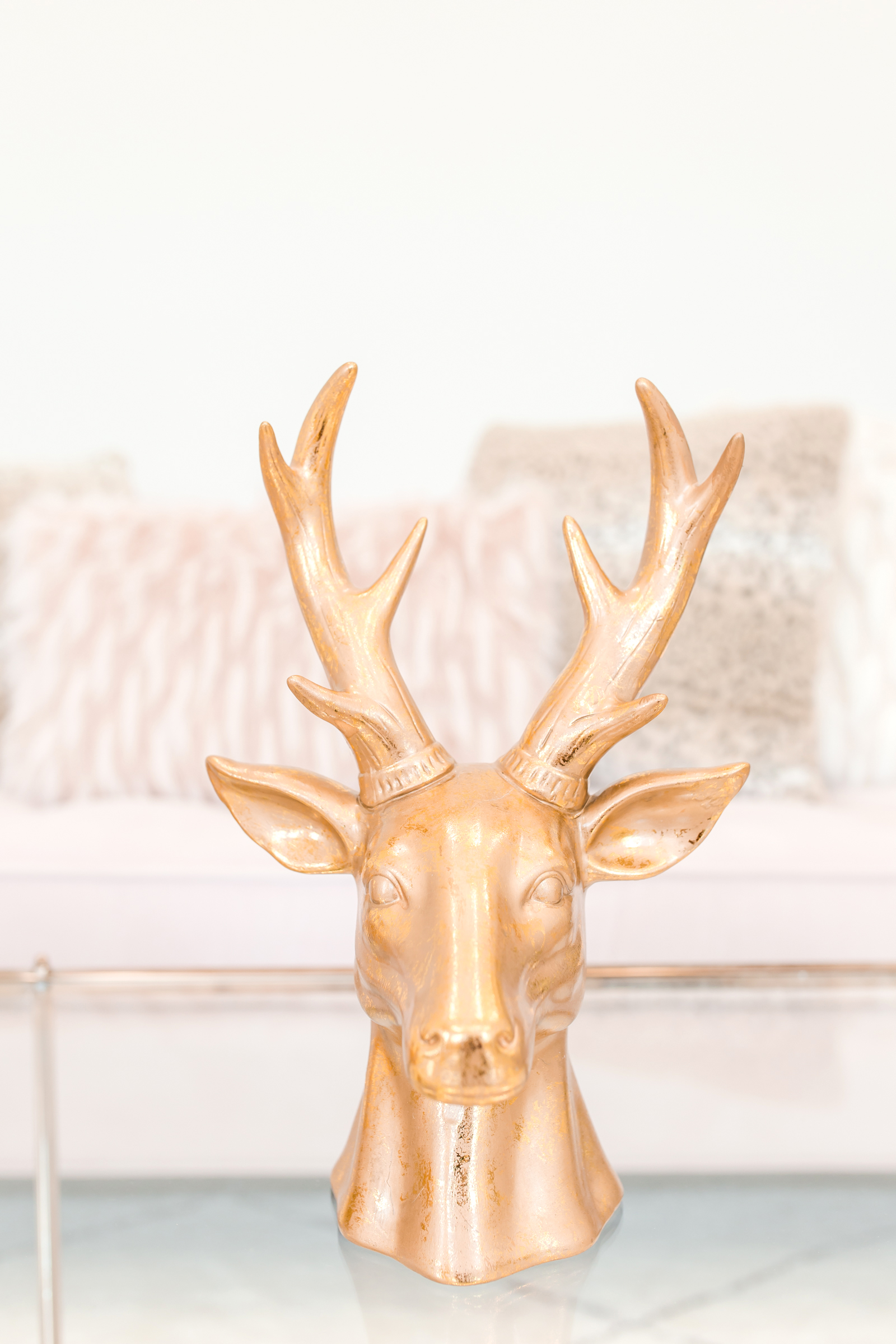 unique decoration of a gold deer's head in a cozy living room