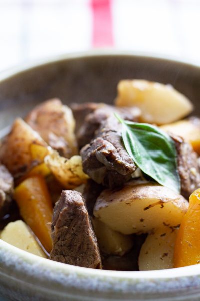 close up of beef, carrots, and potatoes cooked in an instant pot