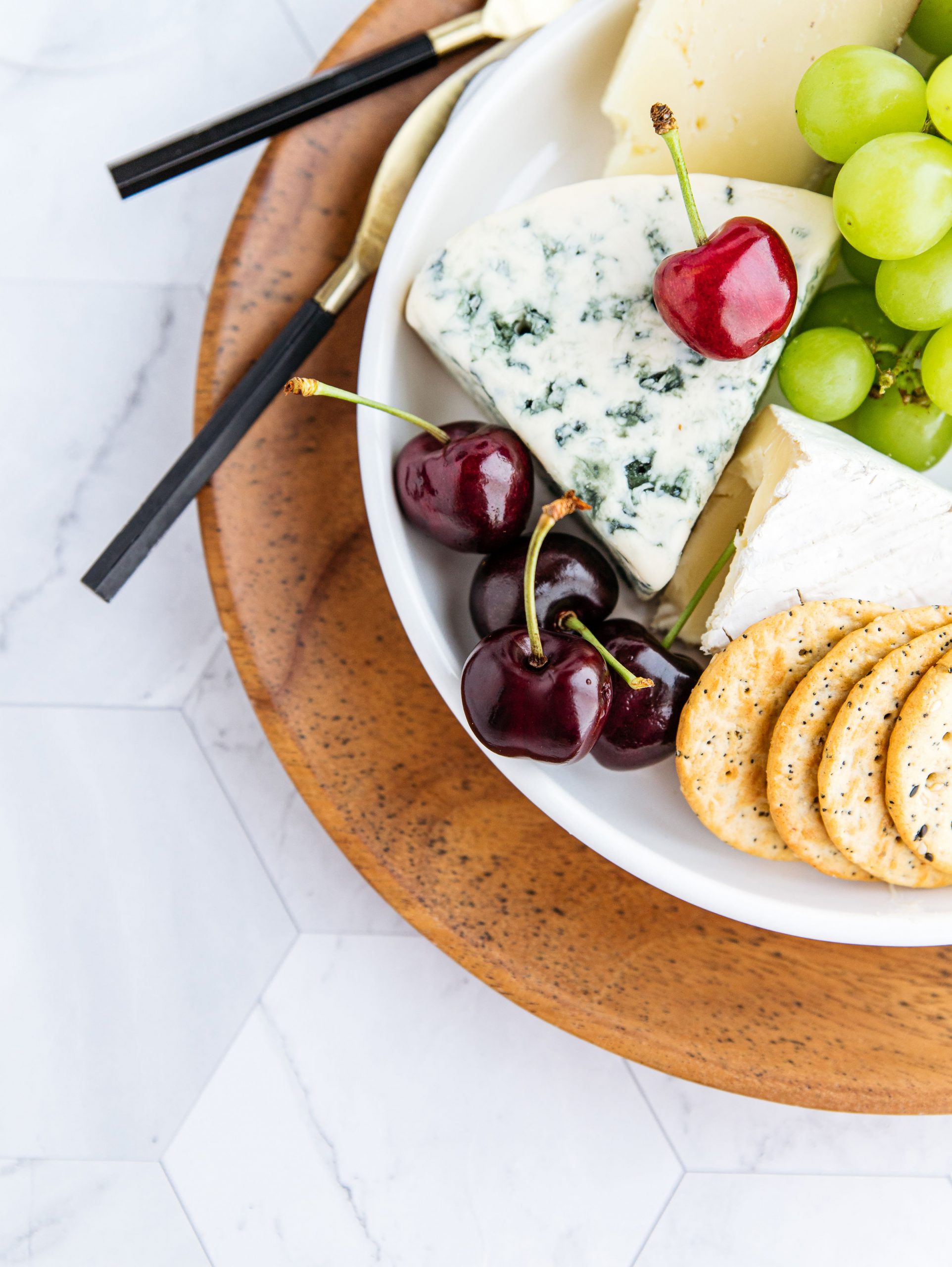 platter of cheese and fruit