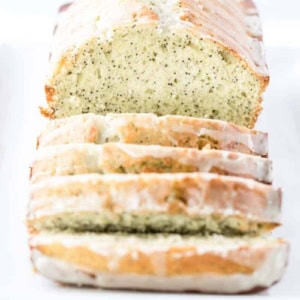 half sliced loaf of lemon poppy seed bread