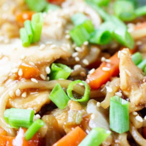 extreme close up of chicken lo mein with sesame seeds and green onions