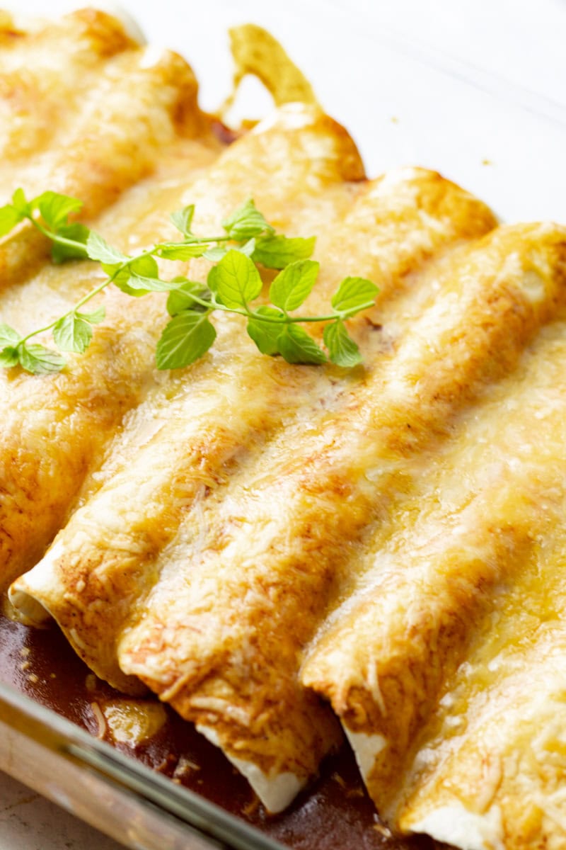 close up of chicken enchiladas with red sauce