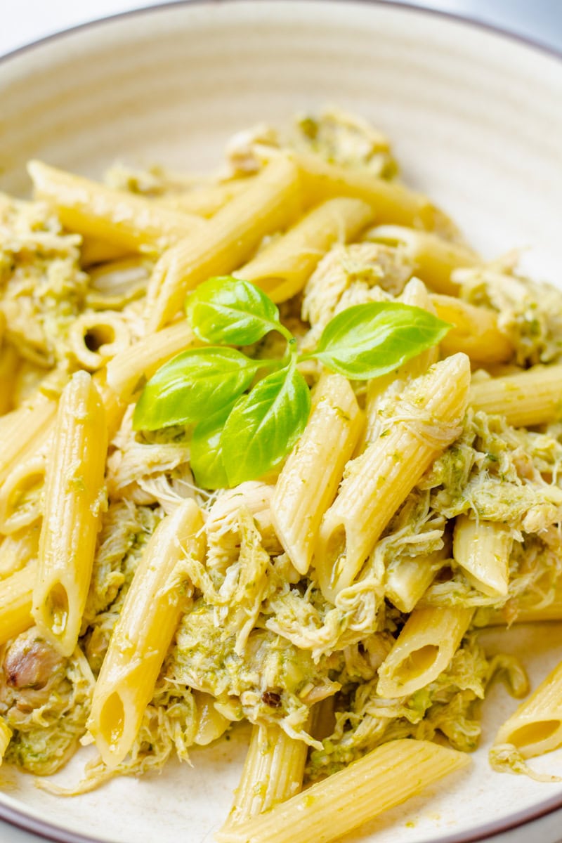 close up of chicken basil pesto pasta