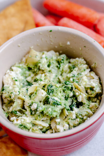 close up of easy artichoke, feta, and spinach dip