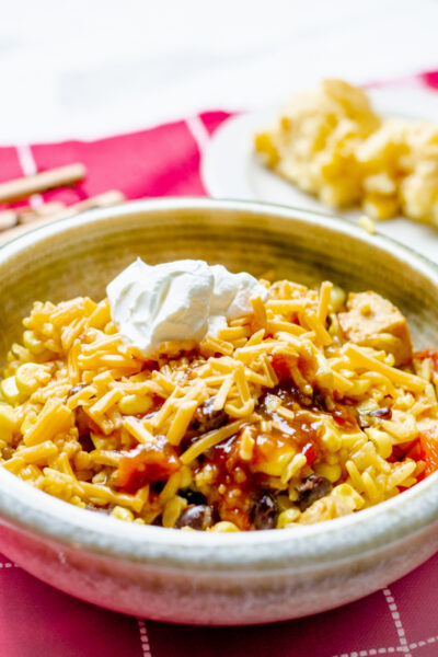 Southwest Chicken and Rice Bowl on a red placemat