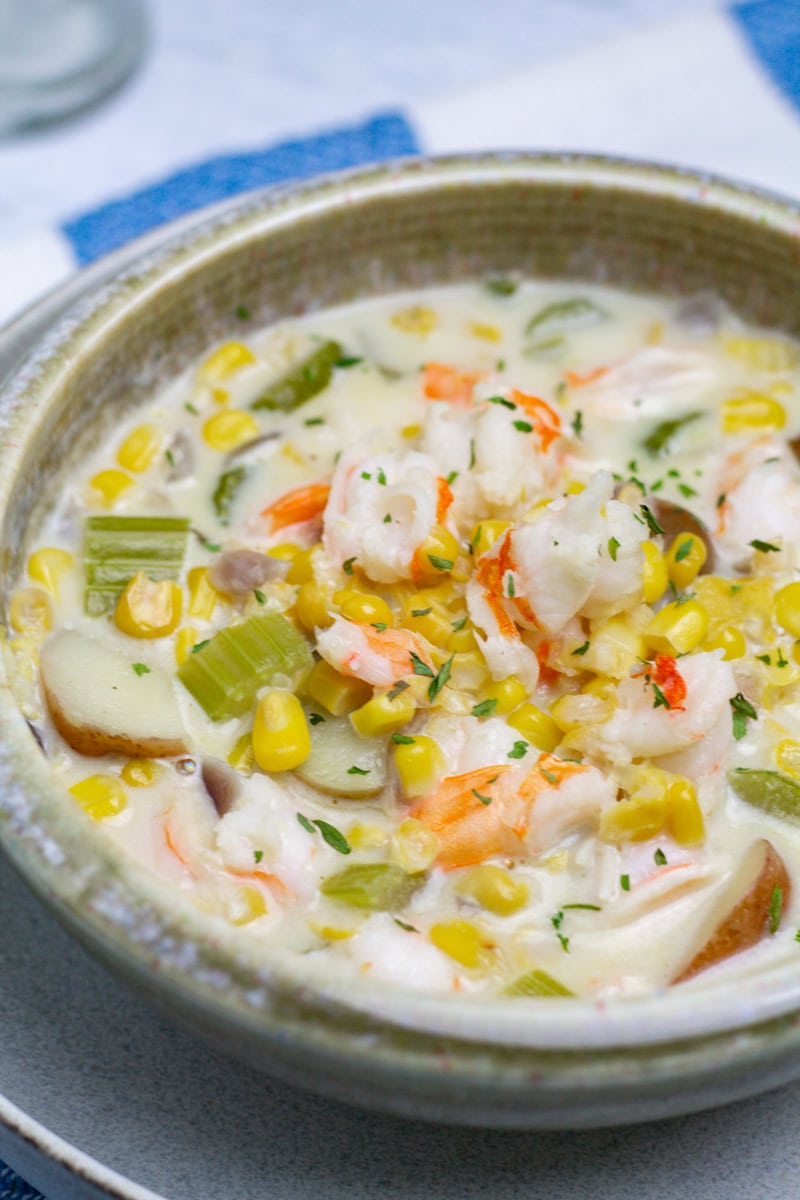 close up of a bowl of easy shrimp corn chowder