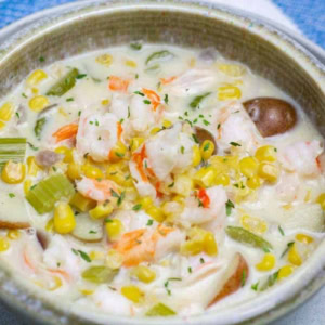 close up of a bowl of easy shrimp corn chowder