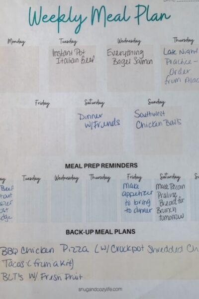 Example of Meal Planning Worksheet Filled out