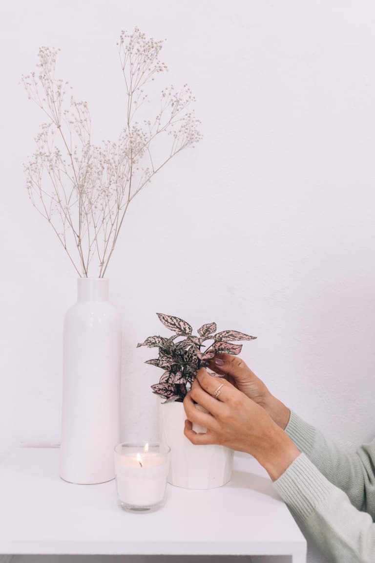 woman arranging a plant on a table with a branch arrangement in a vase and a candle