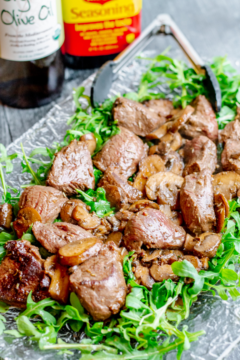 AMAZING Beef Tenderloin Steak Tips, Zip Sauce, Mushrooms, & Arugula