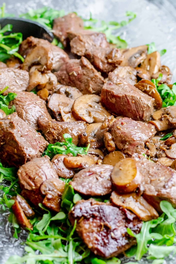 AMAZING Beef Tenderloin Steak Tips, Zip Sauce, Mushrooms, & Arugula