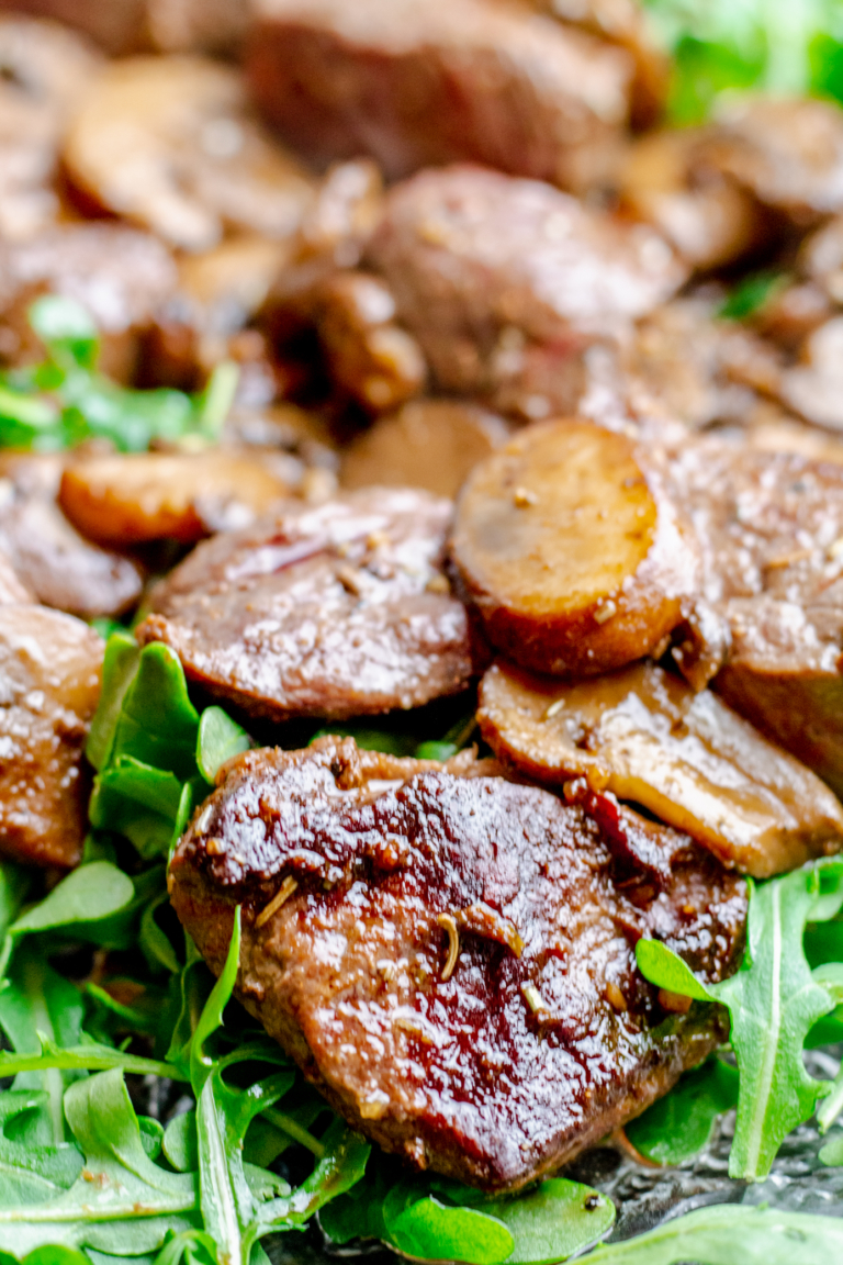 AMAZING Beef Tenderloin Steak Tips, Zip Sauce, Mushrooms, & Arugula