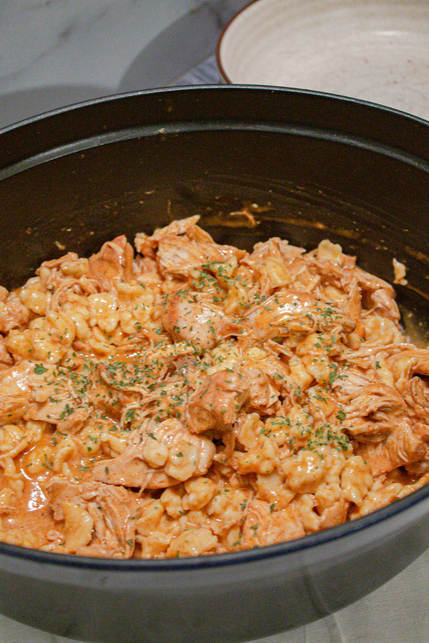 dutch oven filled with chicken paprikash and dumplings