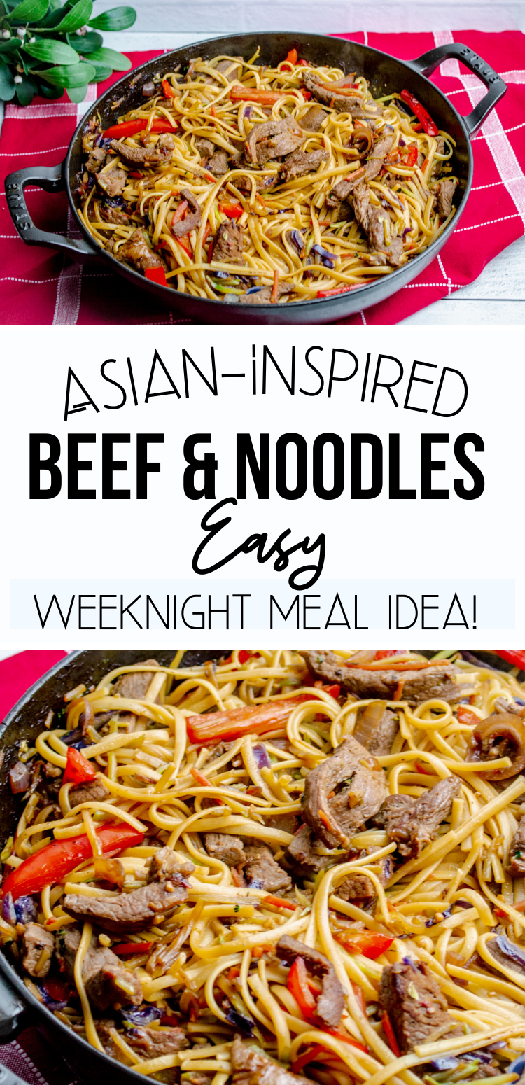 Pinterest Pin with pictures of beef and noodles in a Staub pan with text overlay "Asian Inspired Beef and Noodles Easy Weeknight Meal Idea!"