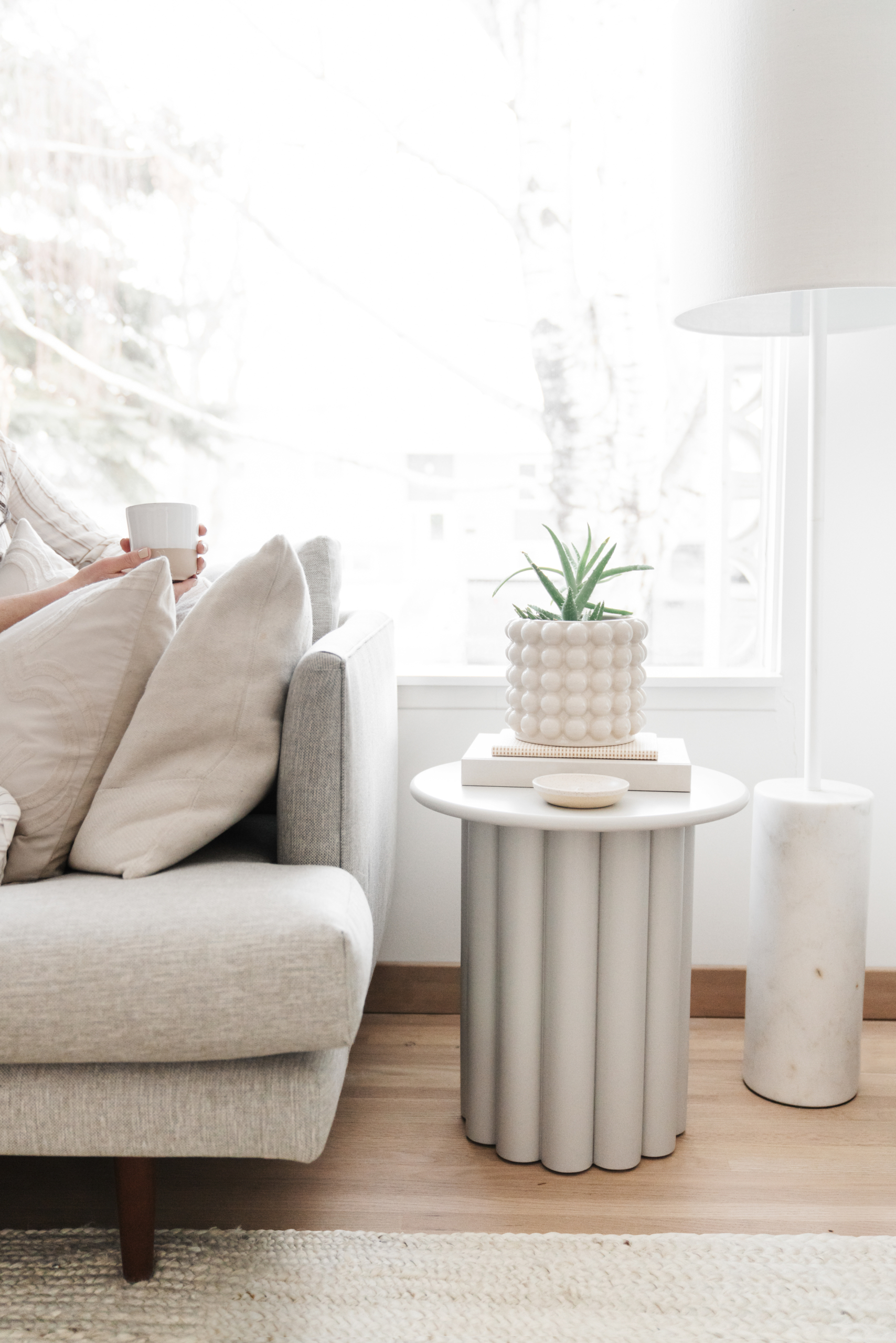 Cozy living room scene overlooking an open window