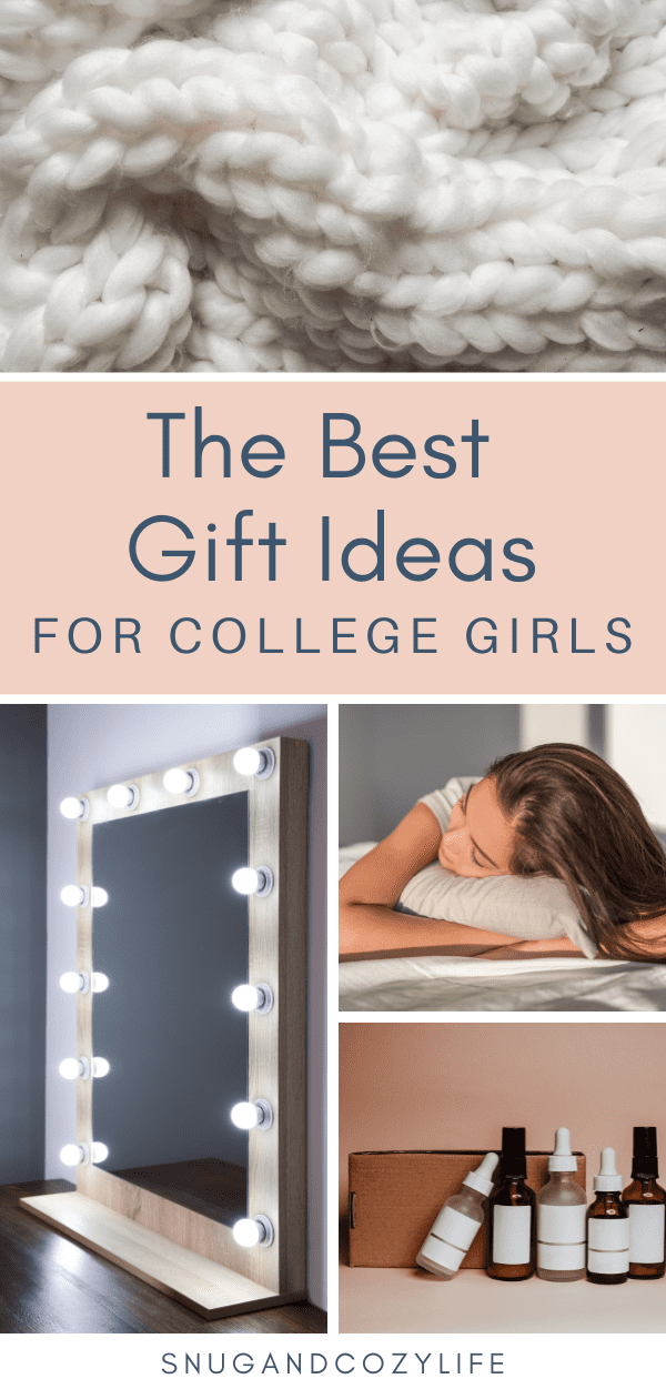 collage of blanket, vanity mirror, girl sleeping on a silk pillowcase, and skincare set with text "The Best Gift Ideas For College Girls"