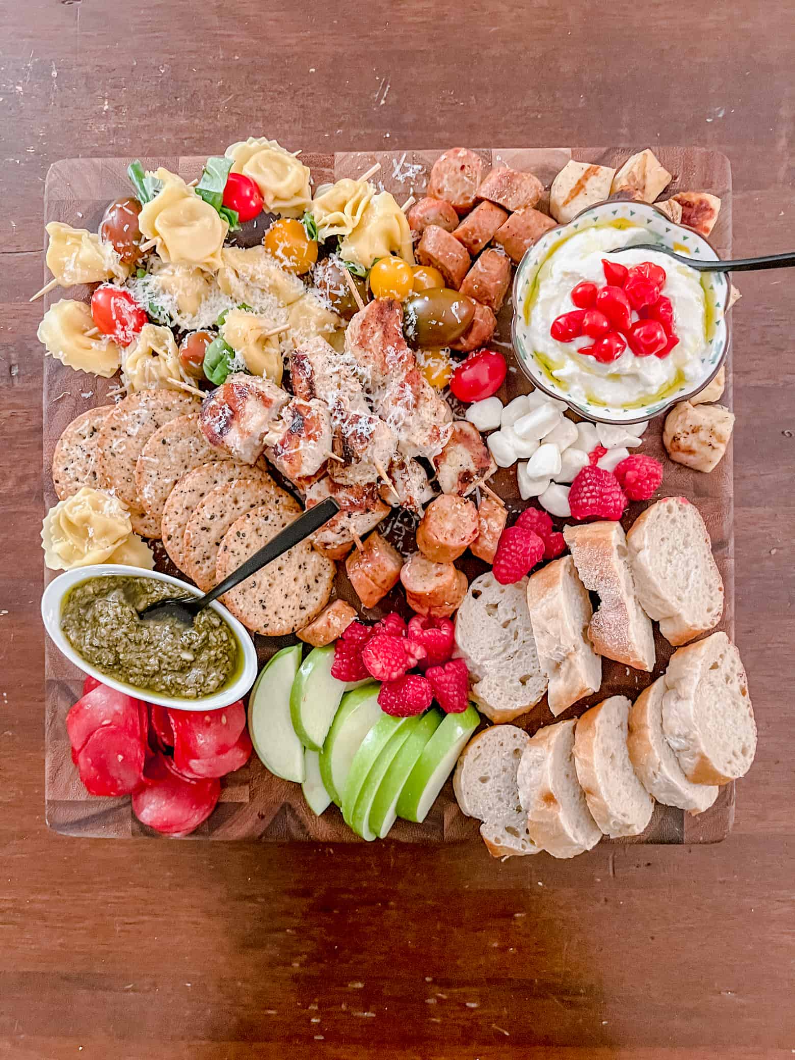 Overhead view of a charcuterie board that does not contain pork.