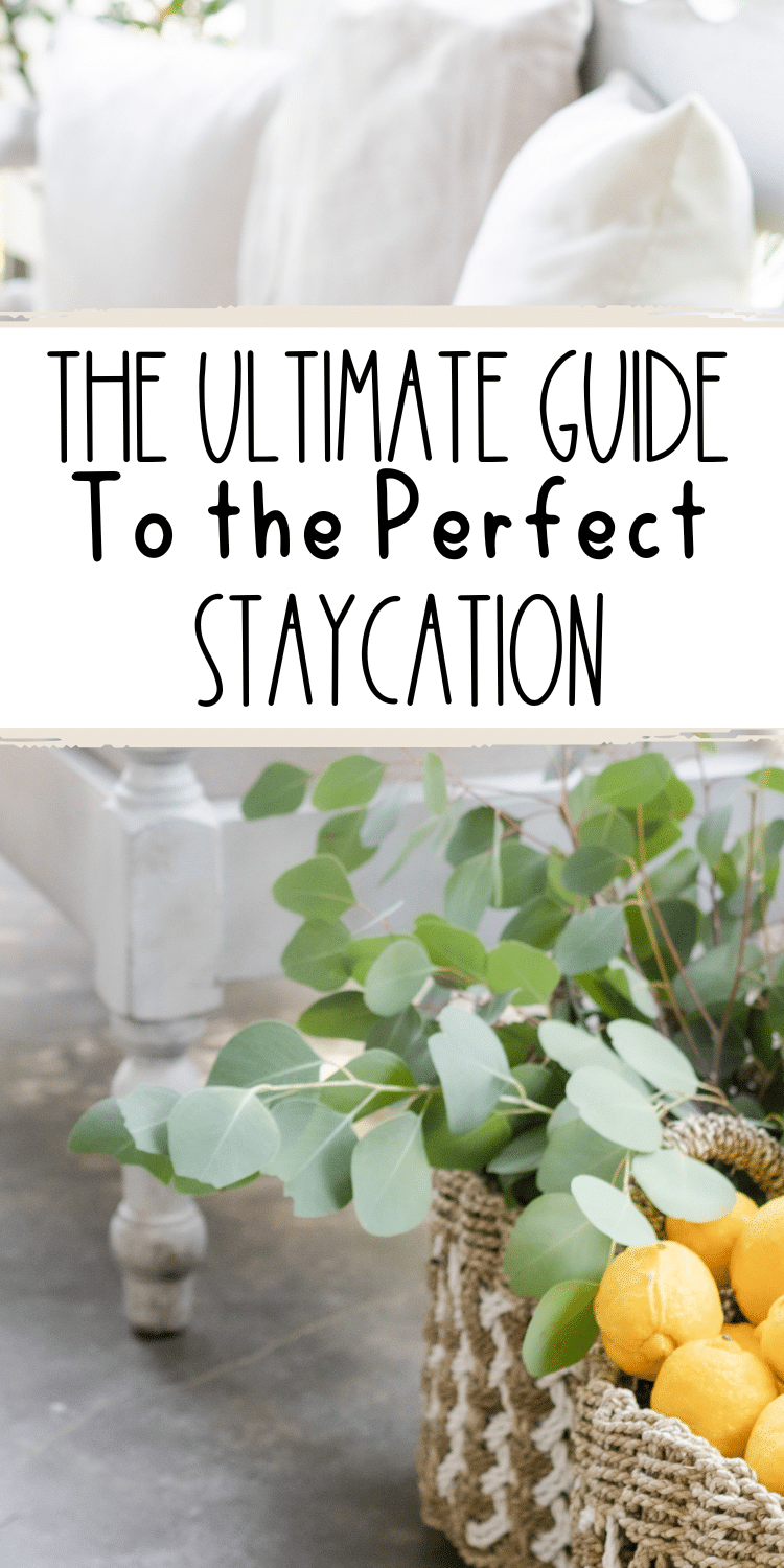 Pinterest Pin: outdoor porch furniture with text overlay "The Ultimate Guide to the Perfect Staycation"