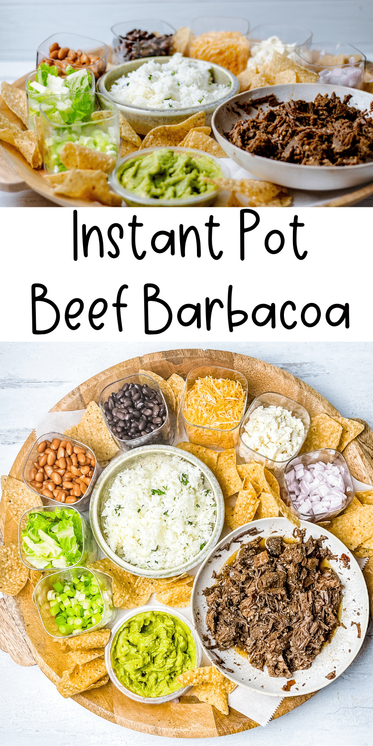 Pinterest Pin: two photos of beef barbacoa charcuterie boards with text overlay "Instant Pot Beef Barbacoa"q