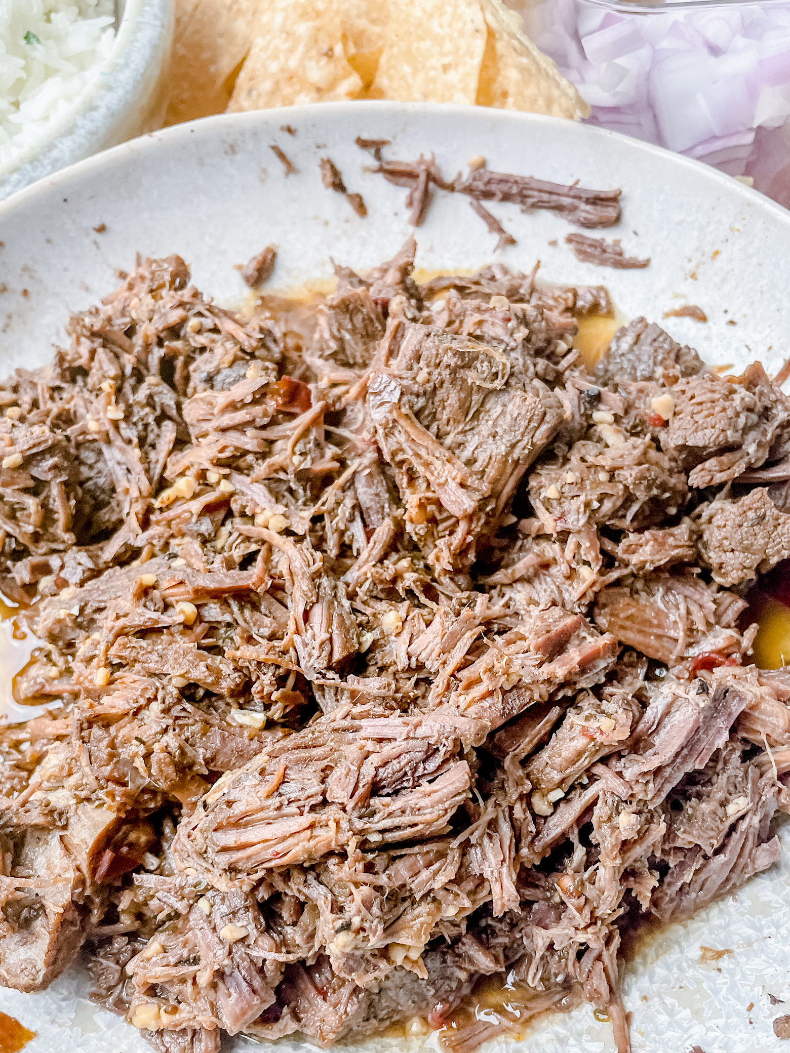 overhead view of a bowl of beef barbacoa