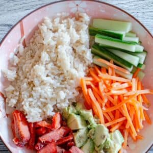 overhead view of a smoked salmon roll bowl