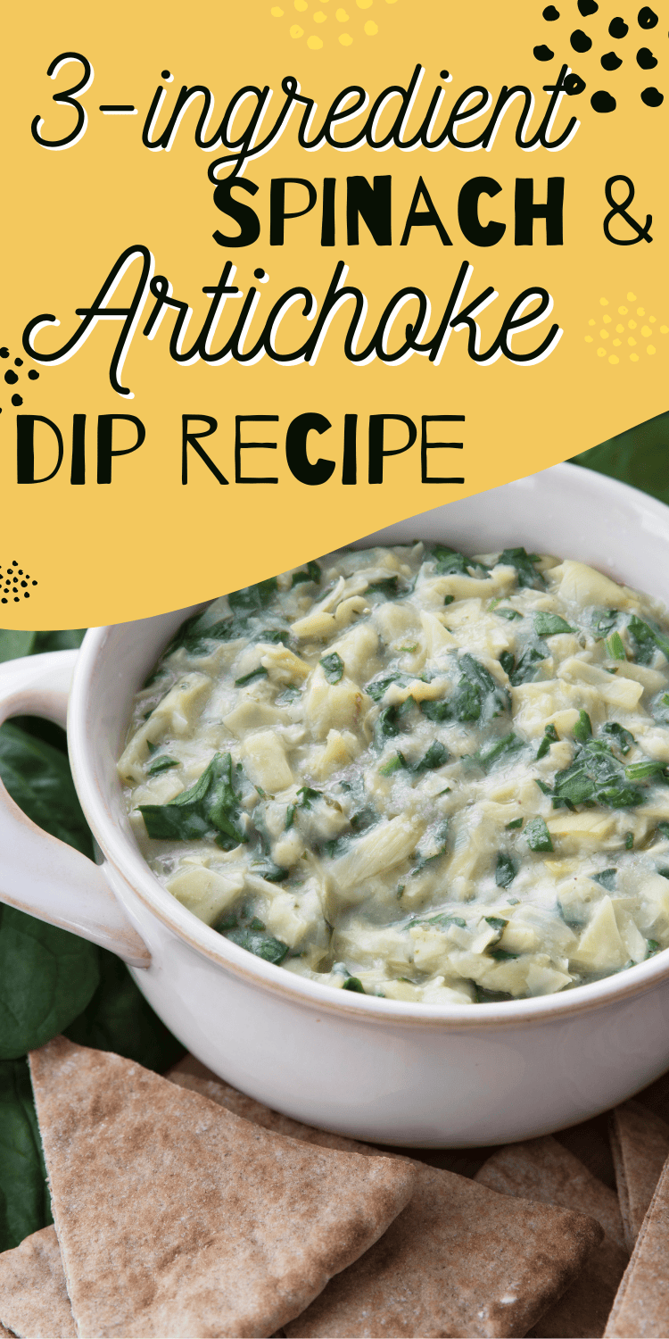 A vibrant yellow Pinterest pin featuring a white bowl of creamy spinach and artichoke dip with pita bread wedges, overlaid with text that reads "3-Ingredient Spinach & Artichoke Dip Recipe."