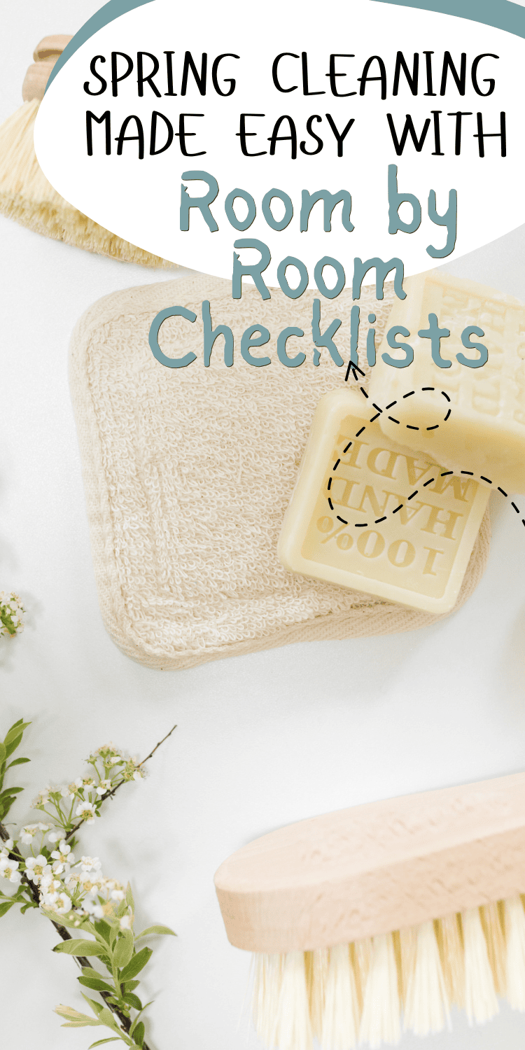 A pin featuring the text "Spring Cleaning Made Easy with Room by Room Checklists" on a bright, clean image of natural cleaning supplies, including a wooden scrub brush, bar soap, and a textured cleaning cloth.