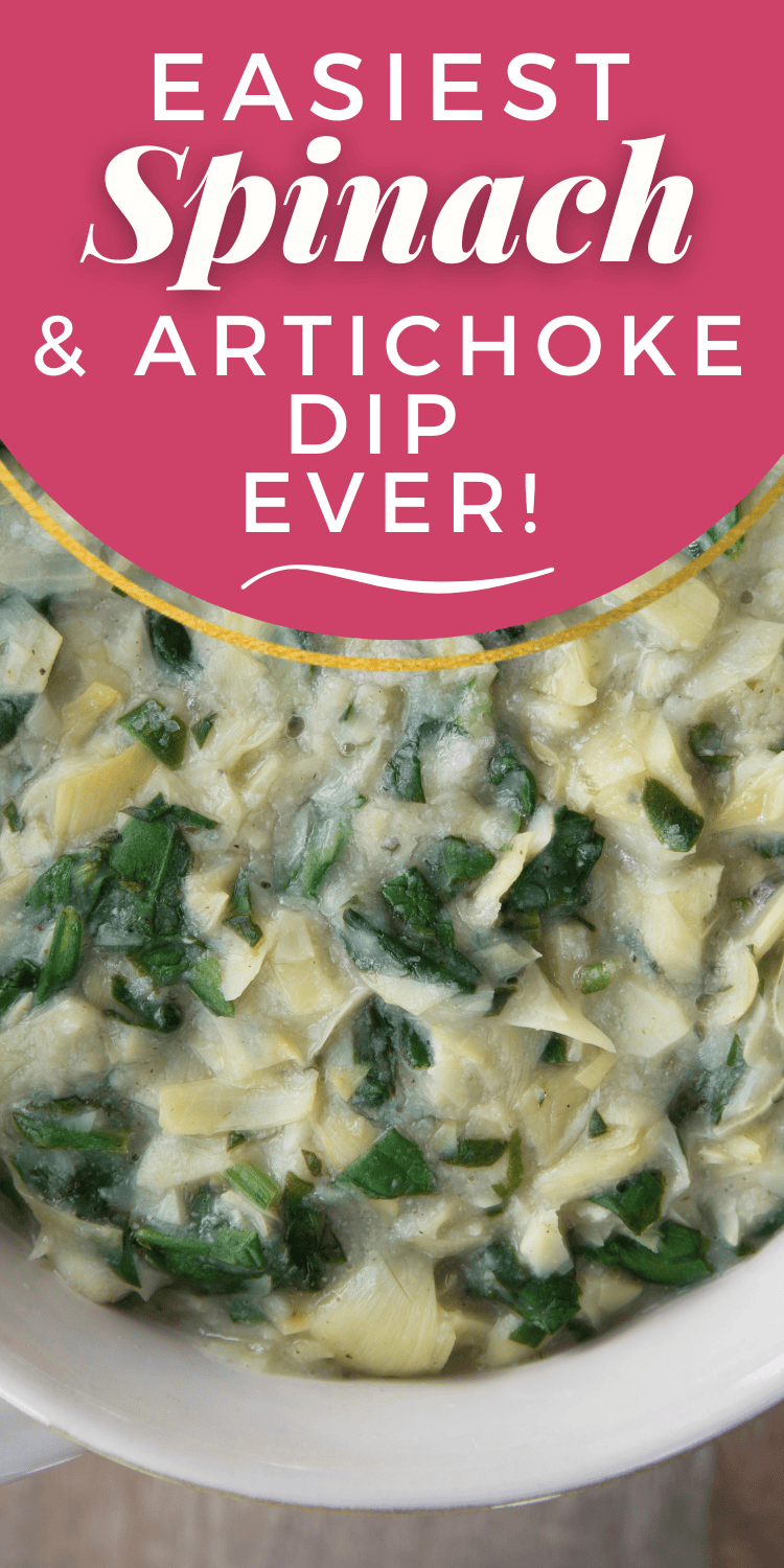 pink Pinterest pin highlighting a creamy spinach and artichoke dip in a white bowl, with text overlay that says "Easiest Spinach & Artichoke Dip Ever!"