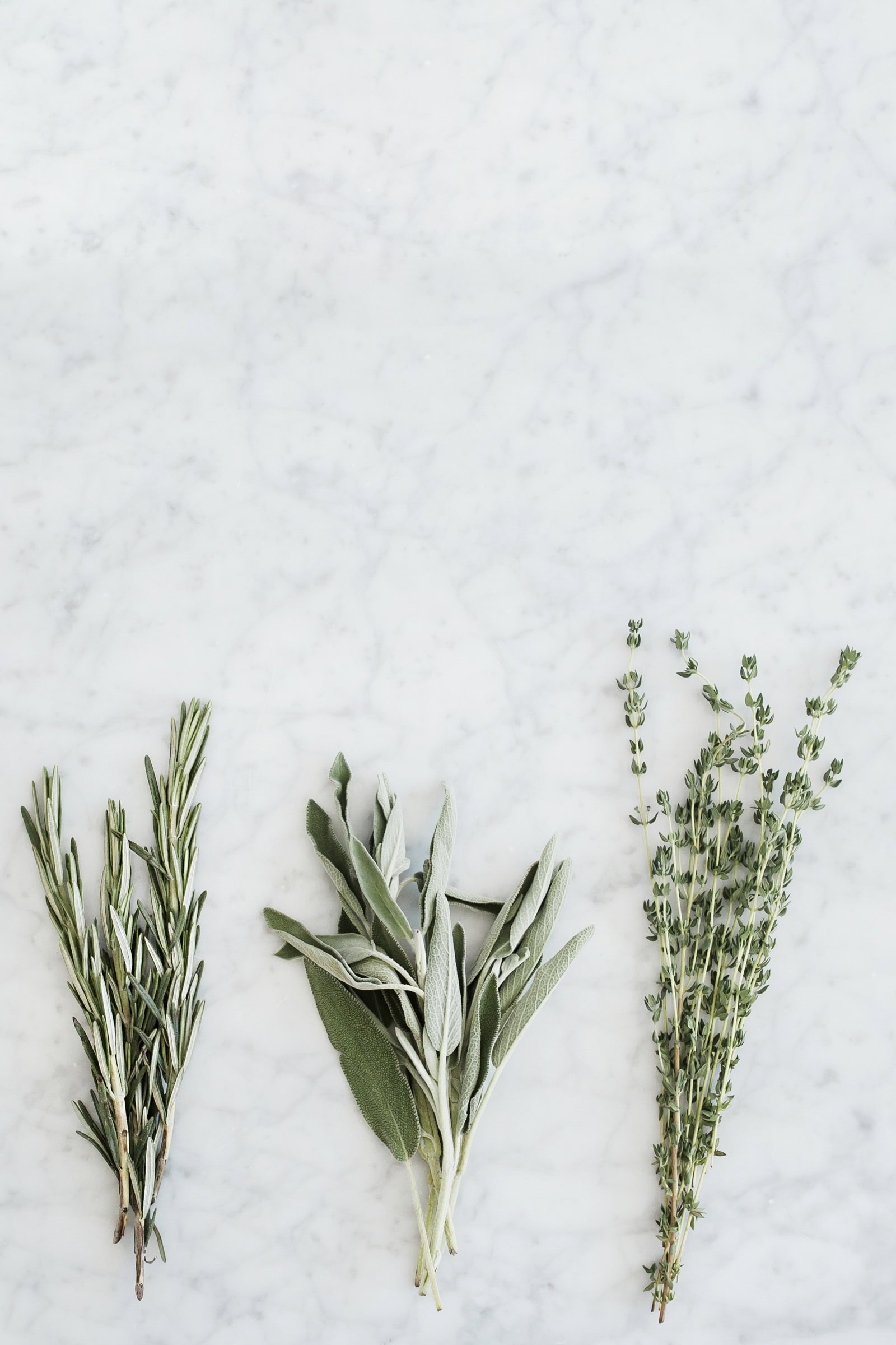 Fresh rosemary, sage, and thyme neatly arranged on a white marble surface, highlighting the simplicity and beauty of fresh herbs.